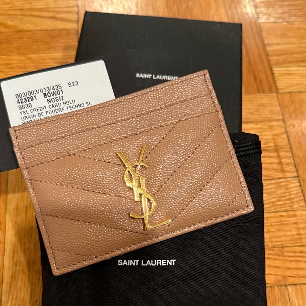 YSL flat card holder with gold YSL logo in Vintage Peach beige color NEW in Box